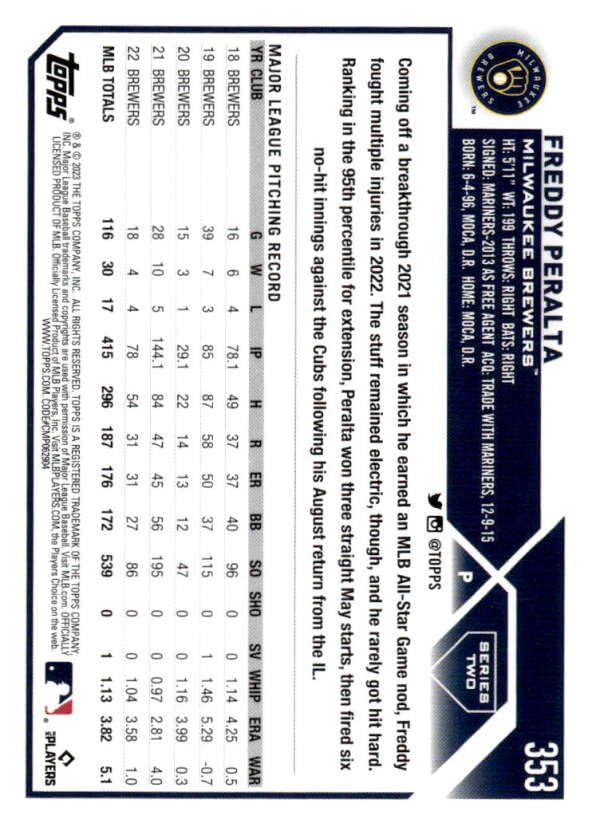 Topps Mathys Tel 49枚限定 カード Amazon.com: 2023 Topps Series 2 Baseball #353 Freddy Peralta